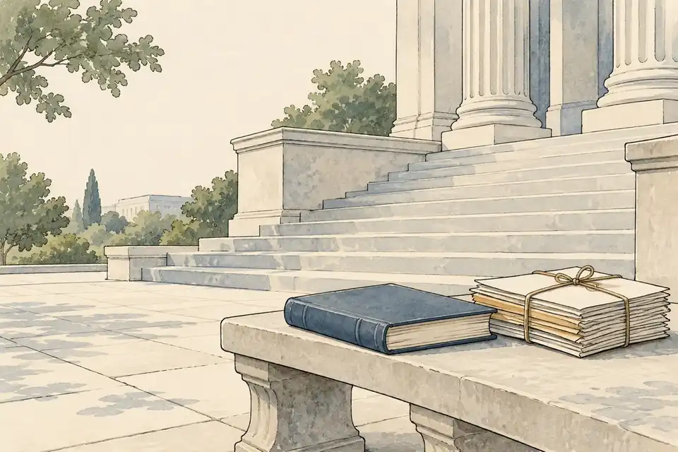 Illustration of stone courthouse steps with a closed ledger and tied documents on a bench.