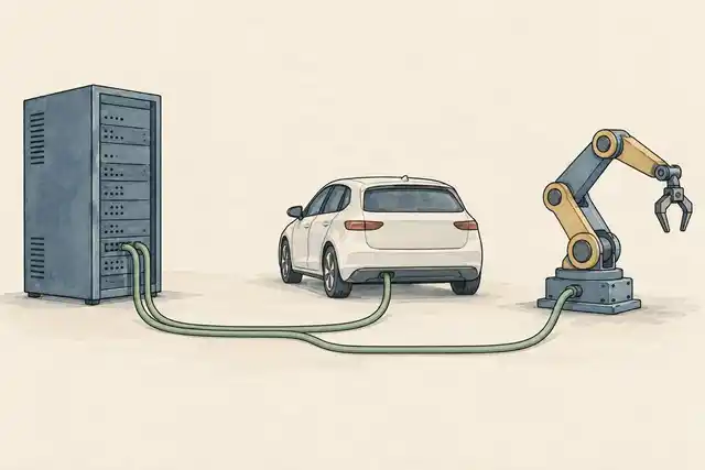 Illustration of a computing cabinet connected by cables to a car and an industrial robot arm.