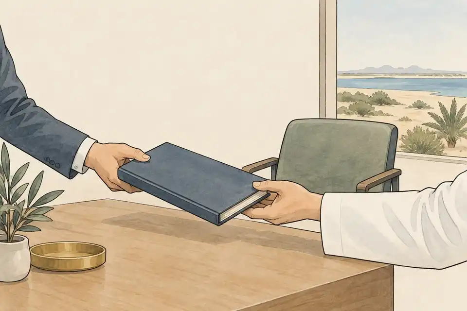Illustration of two hands passing a closed ledger across a table beside an empty chair and a coastal window.