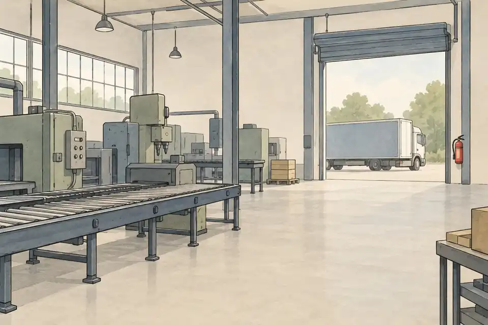 Illustration of an idle factory production line with a truck waiting at an open loading door.