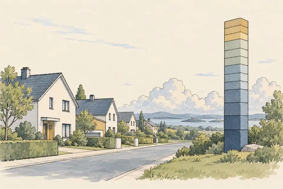 Illustration of a suburban street beside a column of stacked layers, with distant clouds on the horizon.