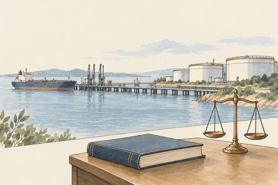 Illustration of an oil terminal on a quiet coast behind a desk with a ledger and a balance scale.