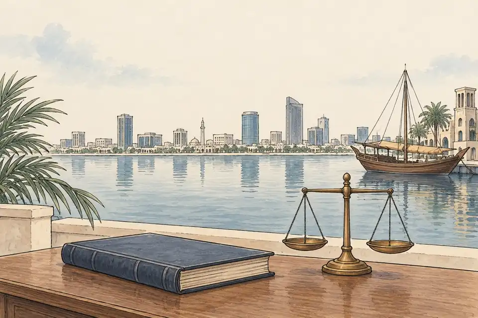Illustration of a level balance scale and a ledger on a desk in front of a Gulf harbour and skyline.