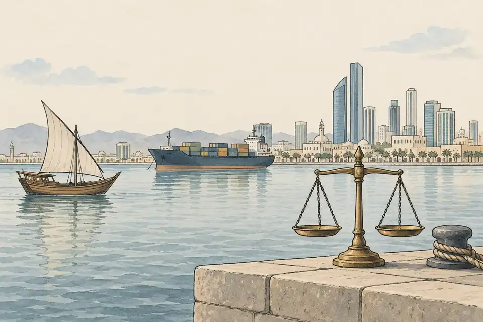 Illustration of a Gulf harbour with a dhow and a cargo ship before a city skyline, with balance scales on the quay.