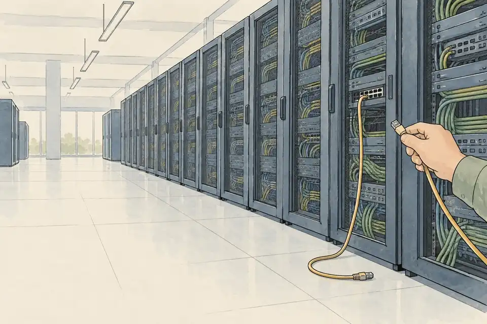 Illustration of a row of server cabinets in a data hall, one cable unplugged and a hand holding a new connector.