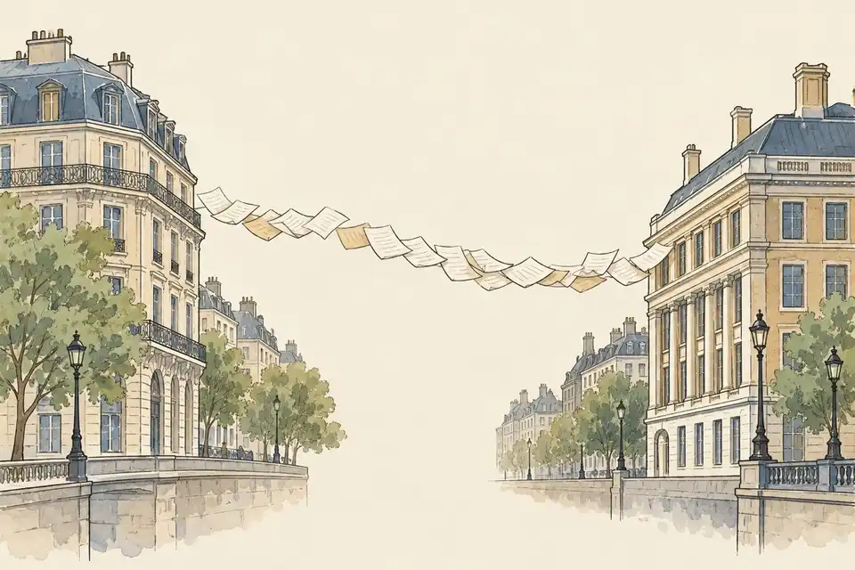 Illustration of two office buildings in different European city streets linked by a bridge of documents.
