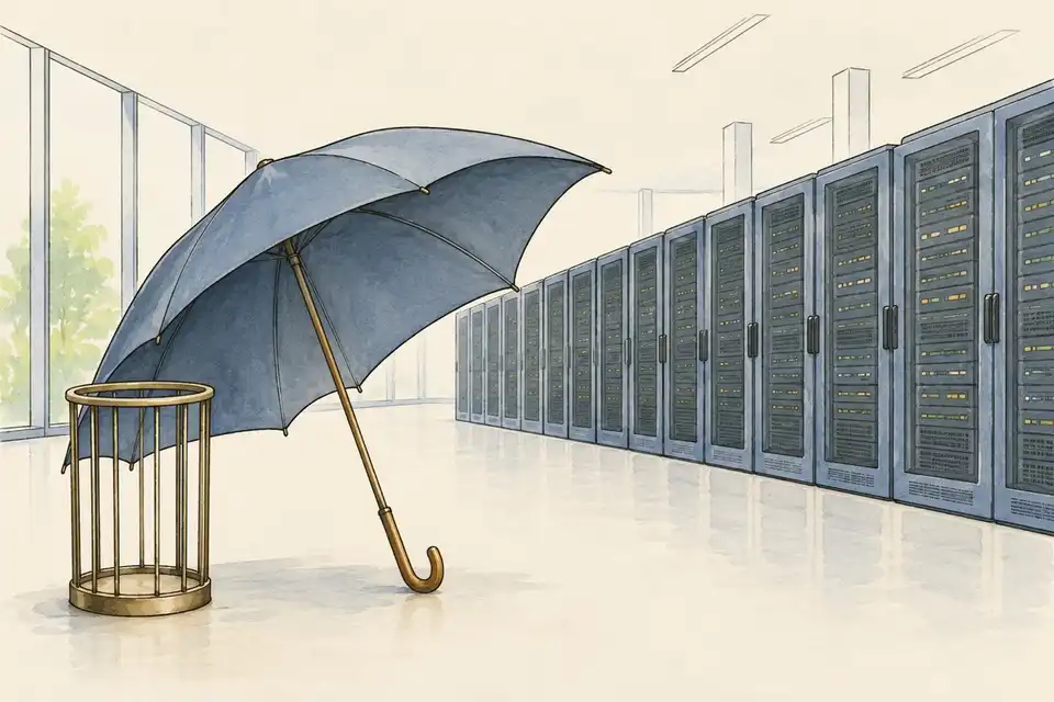 Illustration of one large umbrella that covers only part of a long row of server cabinets.
