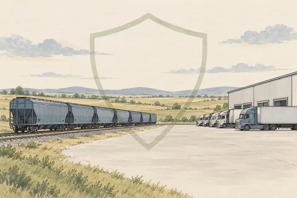 Illustration of a freight train and parked lorries beside a warehouse on a wide plain under a faint protective shield shape.
