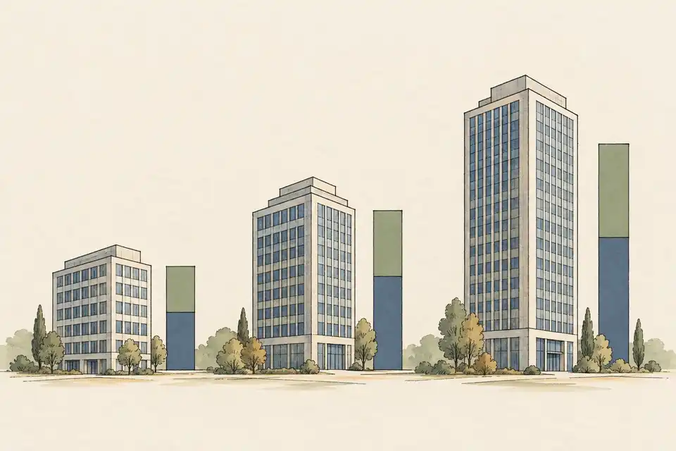 Illustration of three plain office towers, each beside a two-part bar chart.