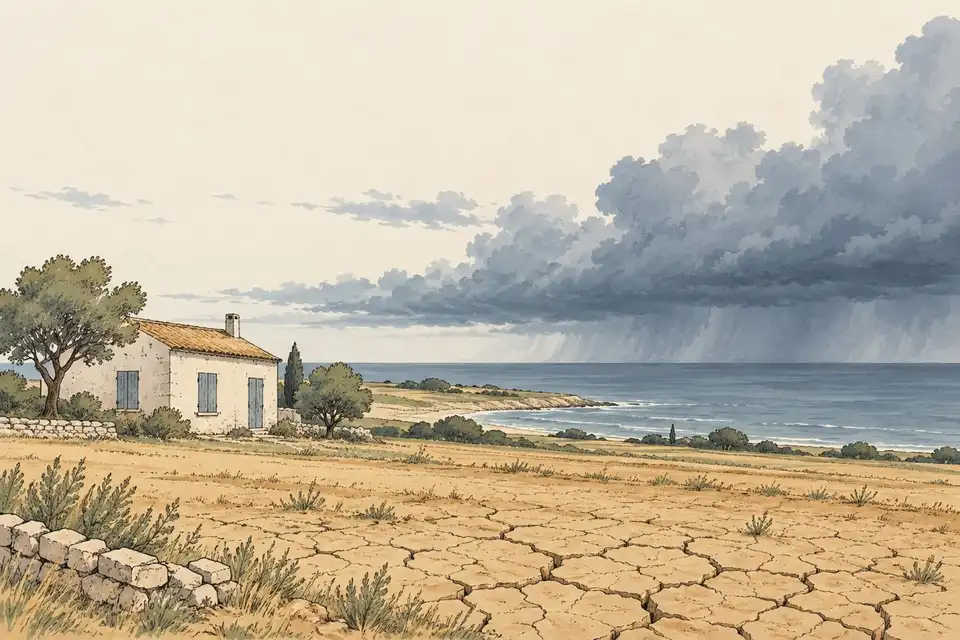 Illustration of a dry field and a quiet farmhouse with storm clouds far away on the horizon.