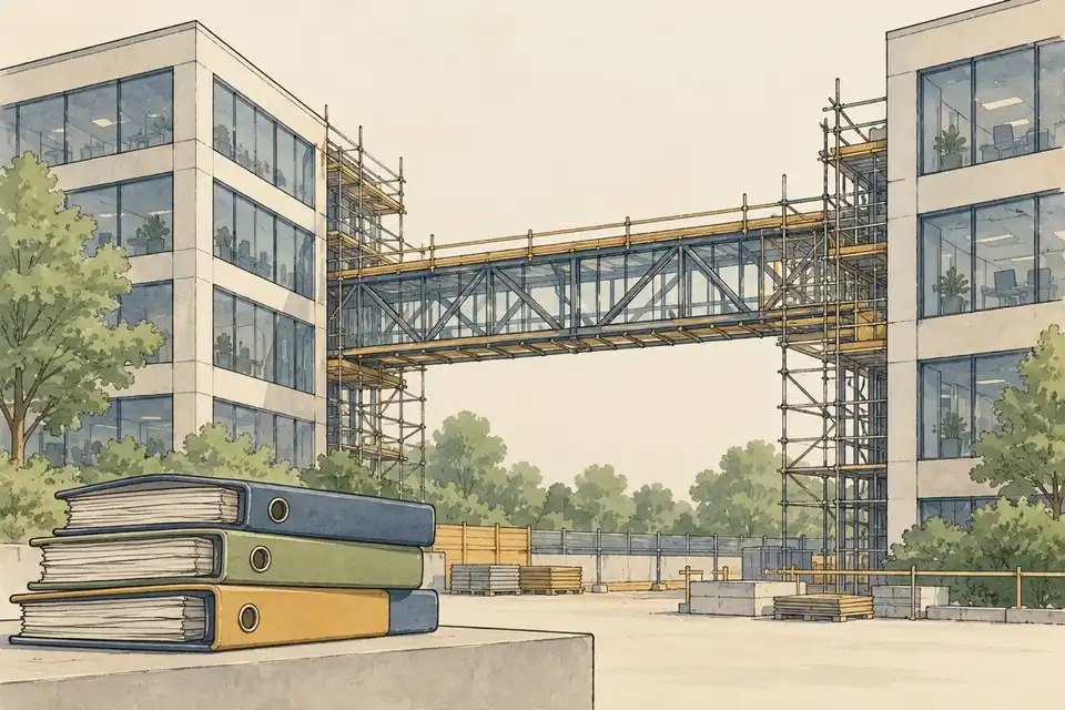 Illustration of two office buildings being joined by a footbridge under construction, with a stack of ledgers in the foreground.