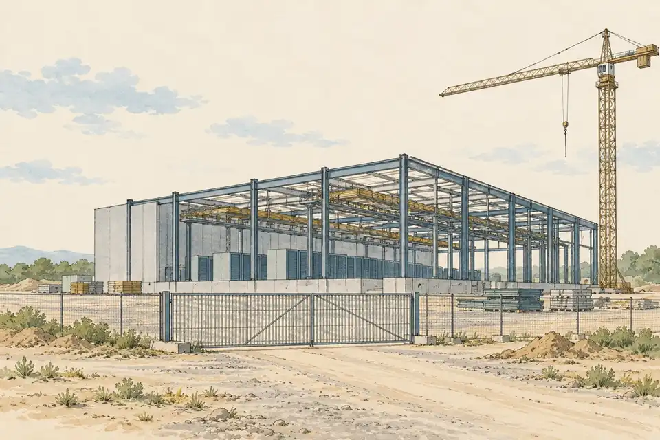 Illustration of a half-built data centre with an idle crane and a closed construction gate under a calm sky.