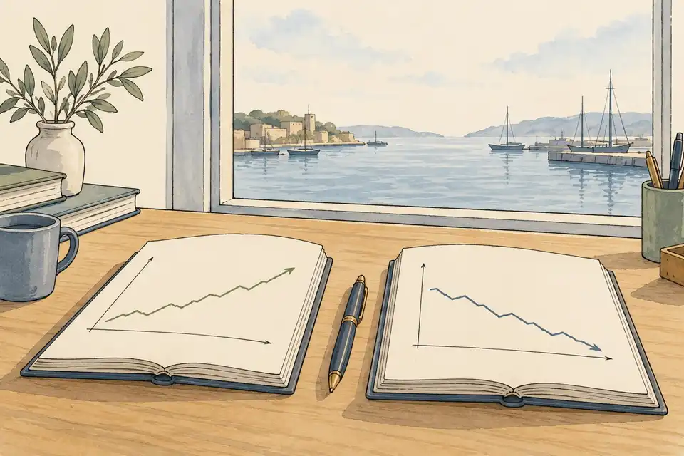 Illustration of two open ledgers on a desk, one with a rising line and one with a falling line, beside a window over a harbour.