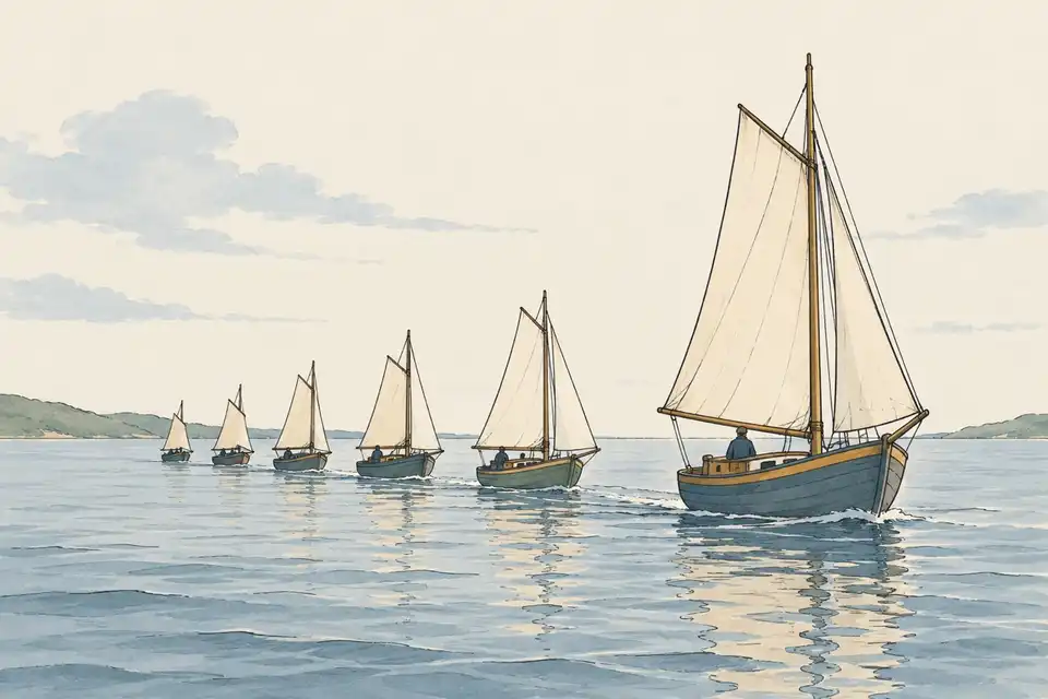 Illustration of several small sailing boats forming one line behind a larger boat on calm water.