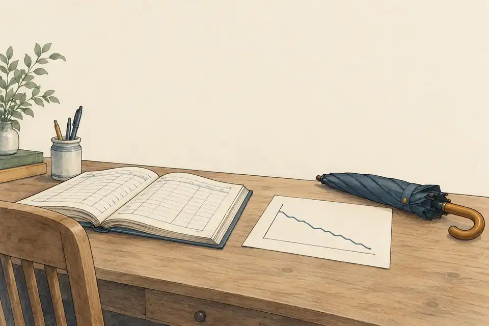 Illustration of an open ledger, a simple line chart on paper and a closed umbrella on a desk.