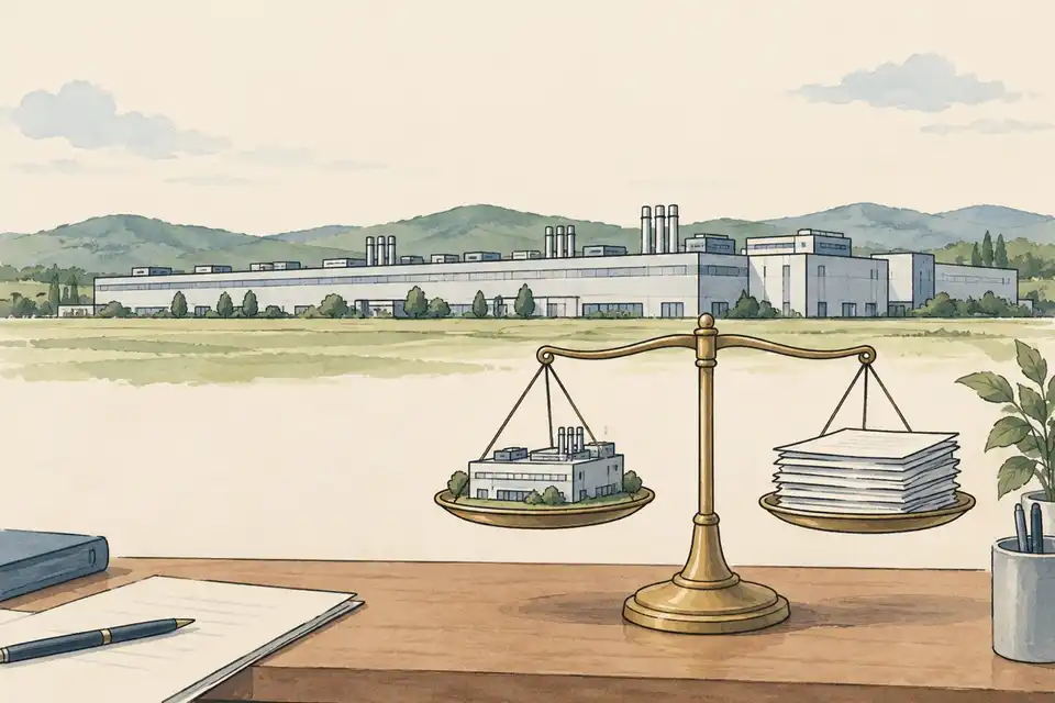 Illustration of a low factory building on flat land with a pair of scales in the foreground balancing a model building against a stack of papers.