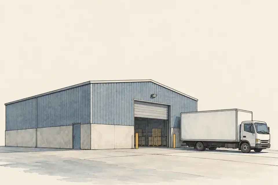 Illustration of a small commercial warehouse and an unbranded delivery truck on a quiet industrial lot.