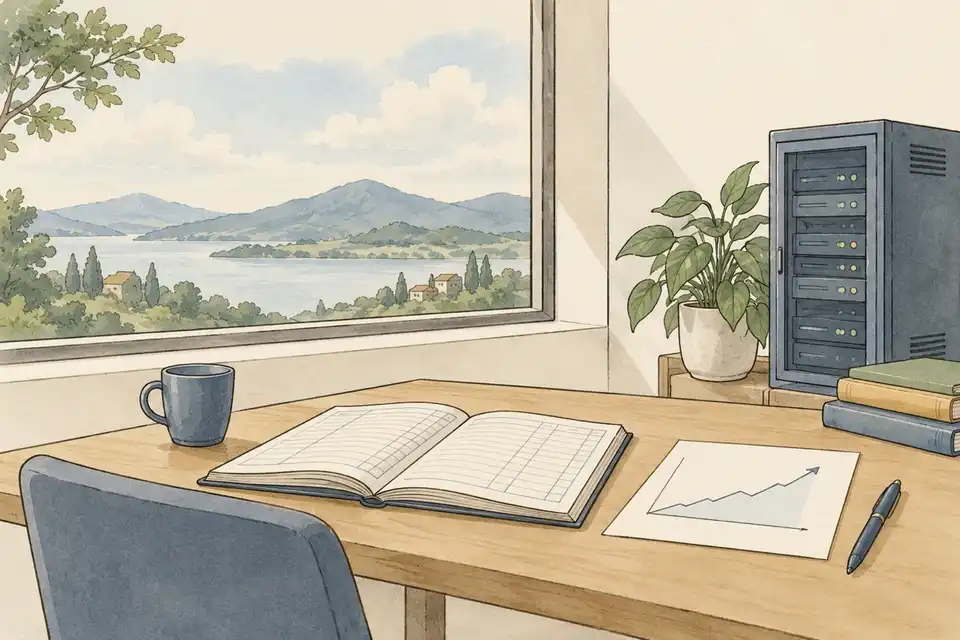 Illustration of a desk with an open ledger and a plain line chart next to a small server cabinet, with hills and clouds seen through a window.