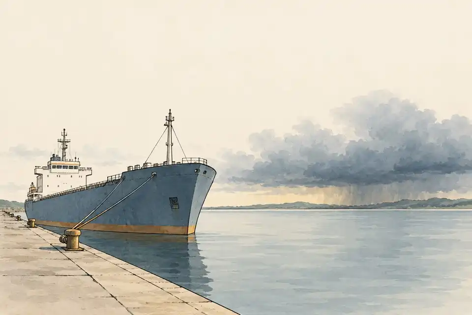 Illustration of a slate-blue cargo ship moored beside a quay with calm water and storm clouds on the distant horizon.
