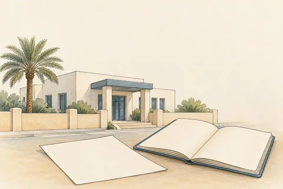 Illustration of a Gulf clinic and palm tree behind an open blank booklet and an empty sheet of paper.