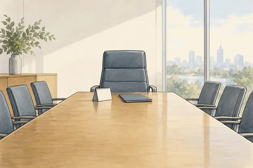 Illustration of an empty chair at the head of a boardroom table with a calendar page and a closed folder in front of it.