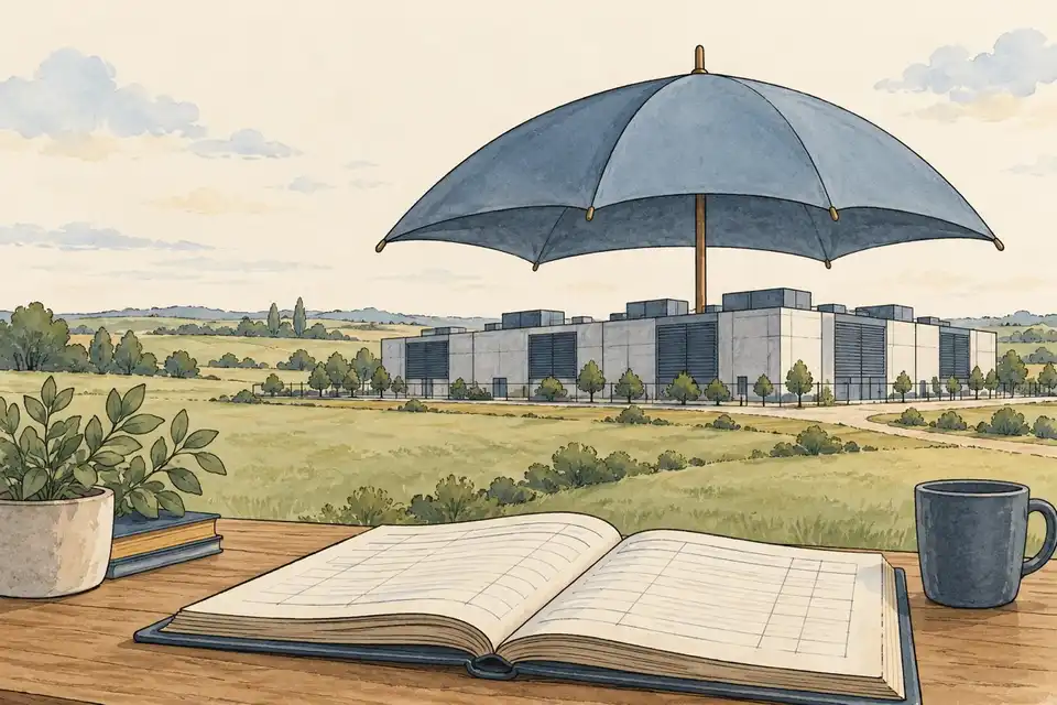 Illustration of a data centre building partly sheltered by a large umbrella, with an open ledger in the foreground.