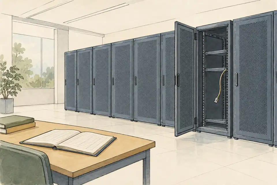 Illustration of server cabinets in a data room with one door open and an unplugged cable, beside a ledger on a desk.