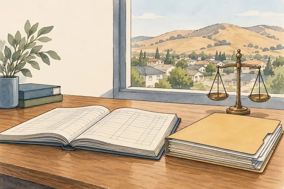 Illustration of a ledger, a filing folder and a small balance scale on a desk, with houses and hills outside the window.