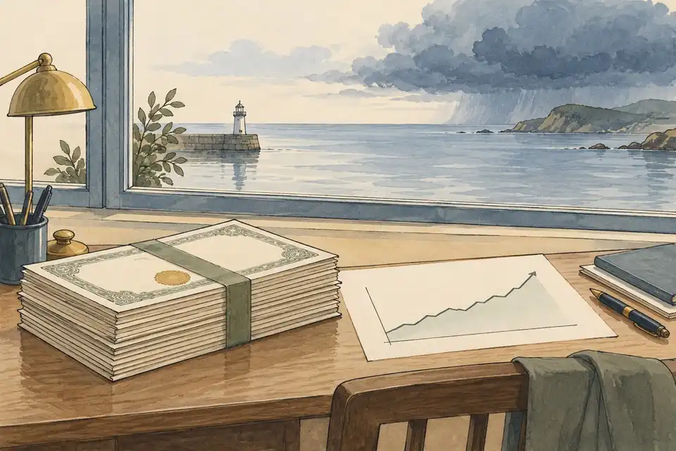 Illustration of bound certificates and a rising line chart on a desk by a window that looks out on a calm sea with distant clouds.