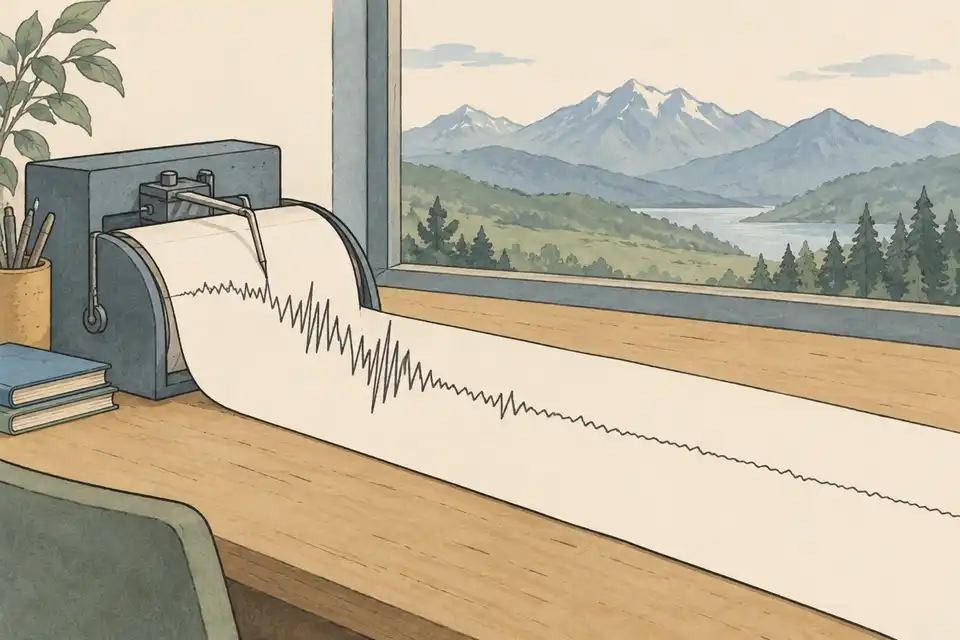 Illustration of a recording pen tracing a jagged line on a paper strip, mountains beyond the window.