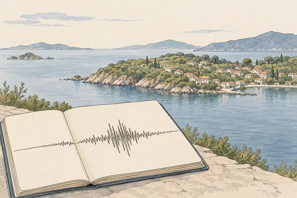 Illustration of a seismograph trace on an open ledger in front of a quiet coastal town on a green peninsula.
