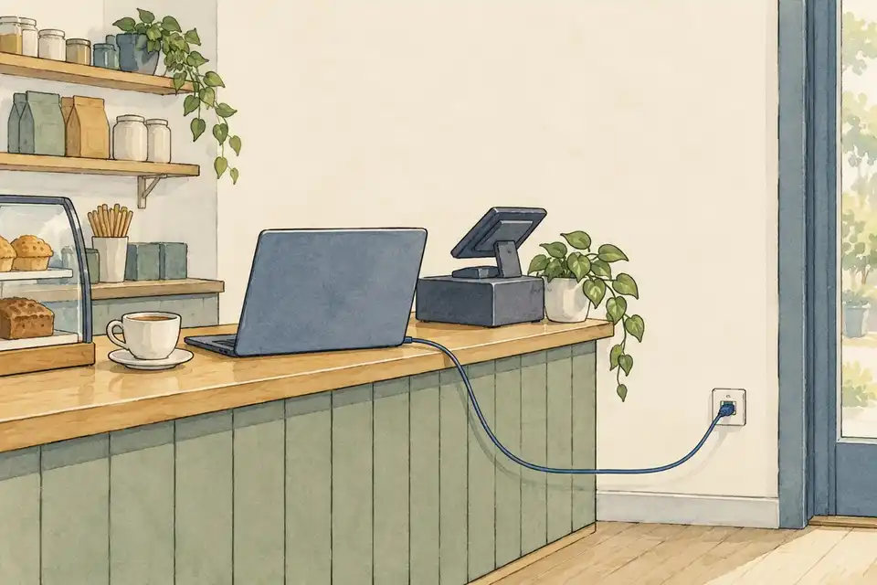 Illustration of a small shop counter with a laptop and a network cable running to a wall socket.