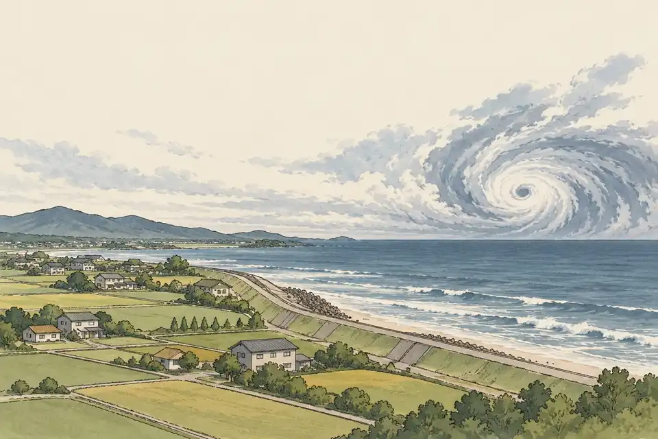 Illustration of a coastal plain with low buildings and an embankment, with a distant typhoon cloud over the sea.