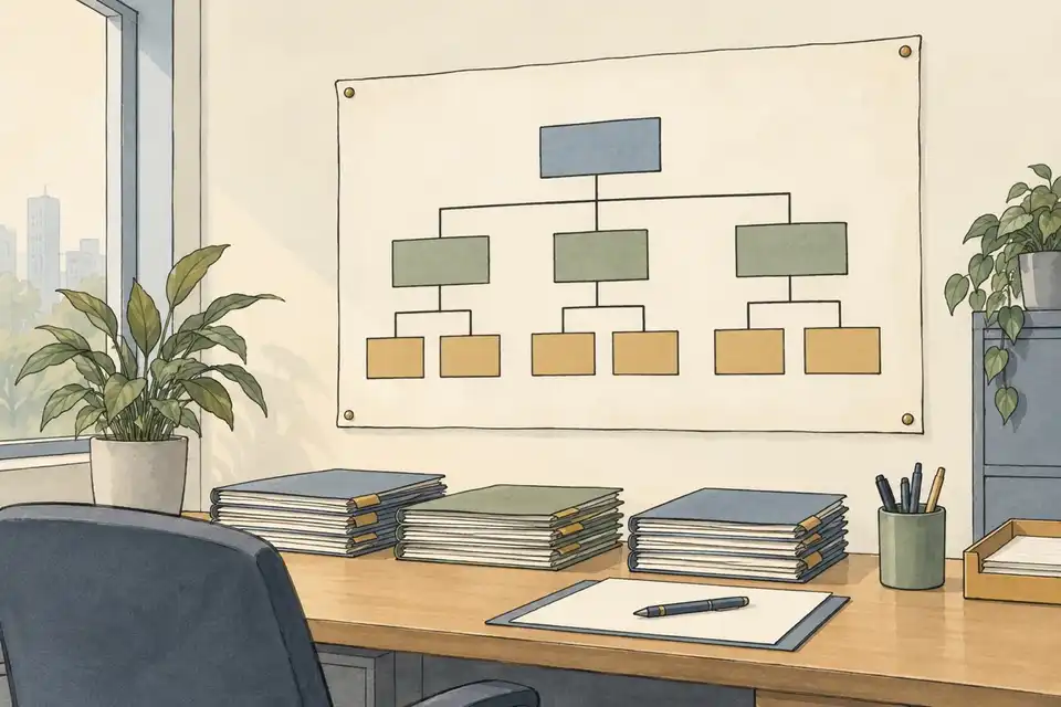 Illustration of a blank organisation chart of connected boxes on an office wall above a desk with stacked files.