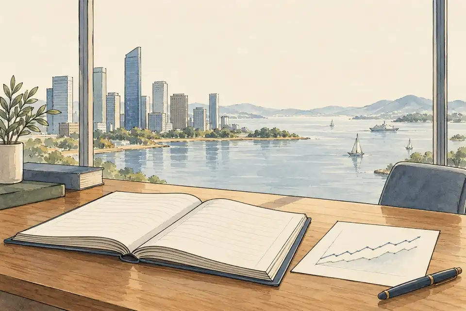 Illustration of an open ledger and a simple line chart on a desk in front of a window overlooking a harbour city.