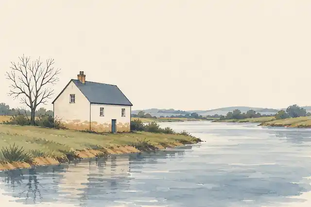 Illustration of a plain house with a flood line beside a river and a leafless tree.