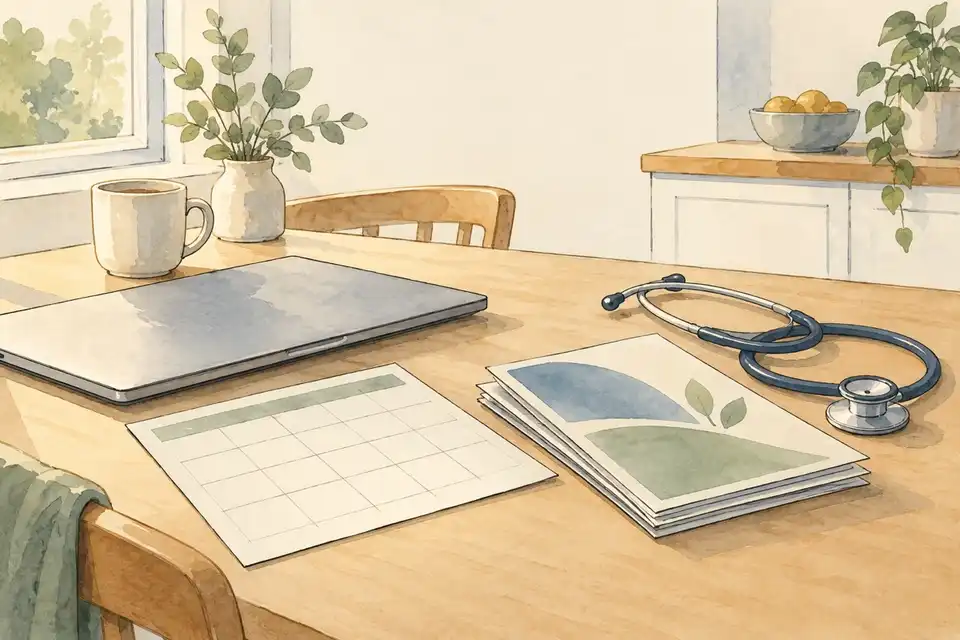 Illustration of a table with a laptop, a calendar page, plan brochures and a stethoscope.