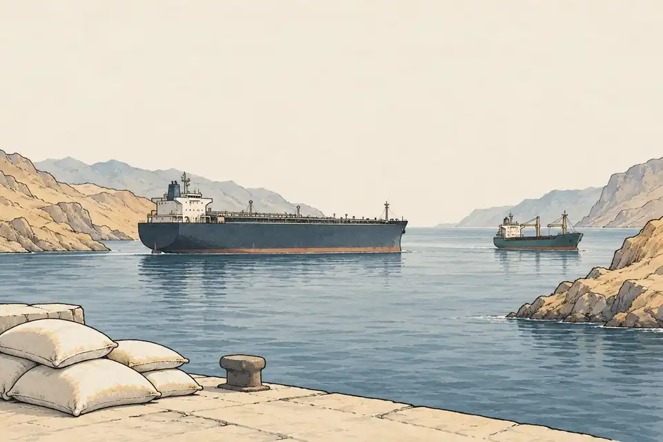 Illustration of an oil tanker and a small freighter in a rocky sea passage, with grain sacks on a quay in the foreground.
