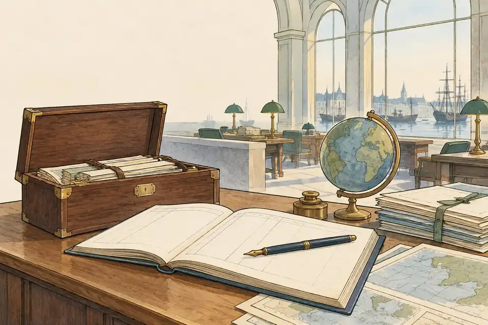 Illustration of an underwriting desk with an open ledger, a pen, a stack of trade documents and a small globe.