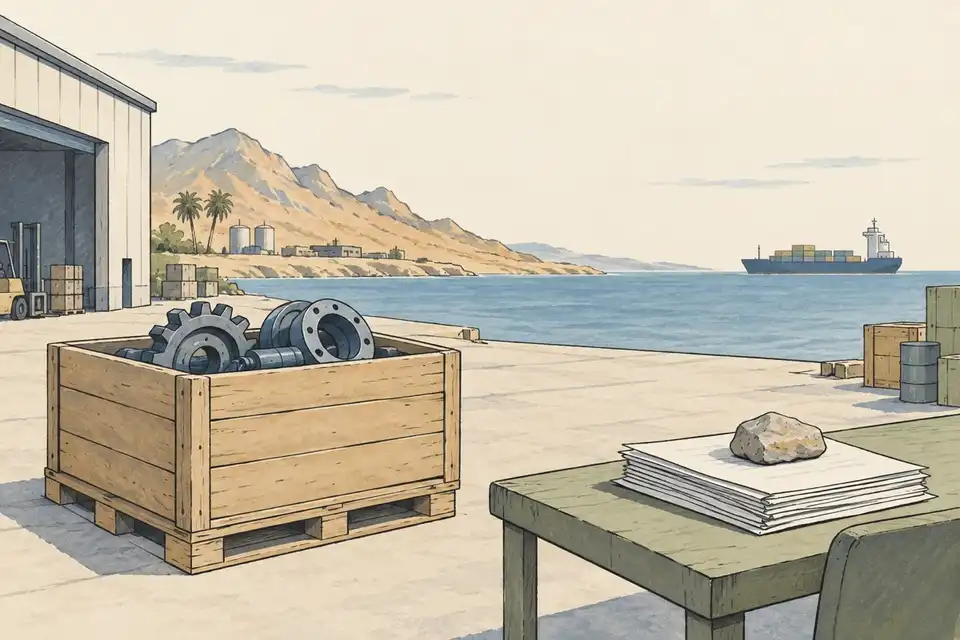 Illustration of a crate of machinery parts and a stack of contract papers in a coastal factory yard, with a ship on the horizon.