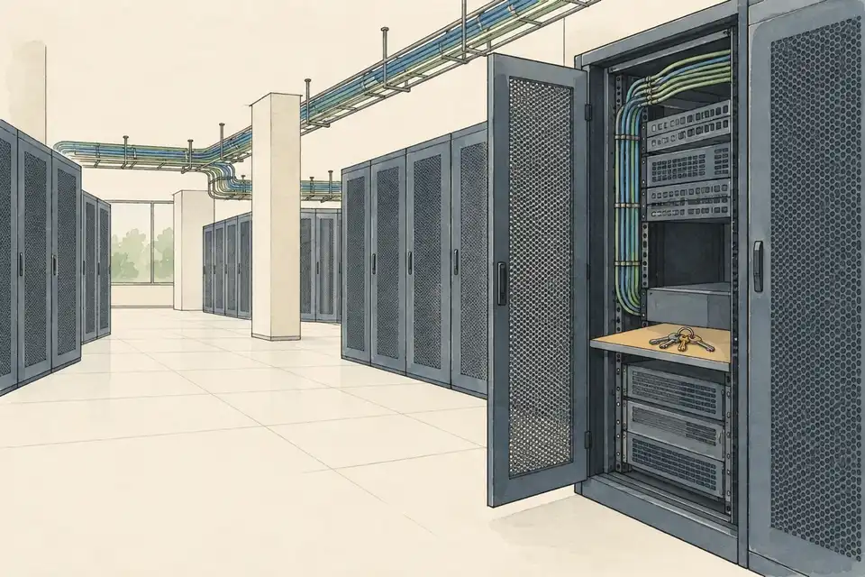 Illustration of a server room with an open rack and a set of old keys left on a shelf.