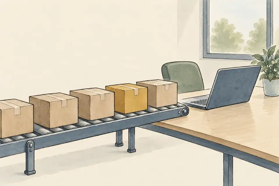 Illustration of parcels on a conveyor leading to an open laptop, with one parcel a different colour from the rest.