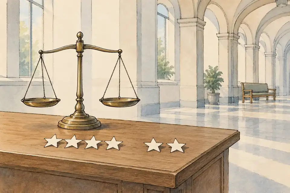 Illustration of a balance scale on a table beside a row of paper star shapes in a quiet courthouse corridor.