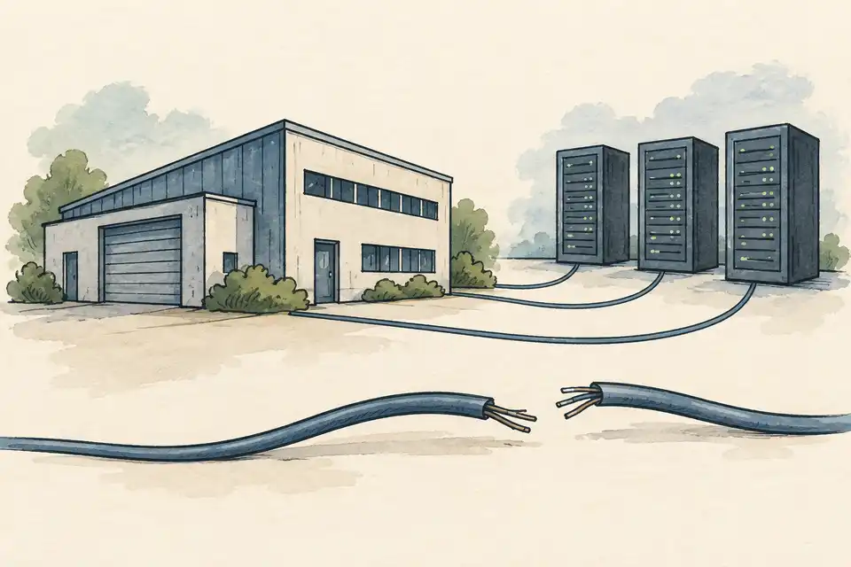 Conceptual illustration of a factory connected to servers beside a broken cable.