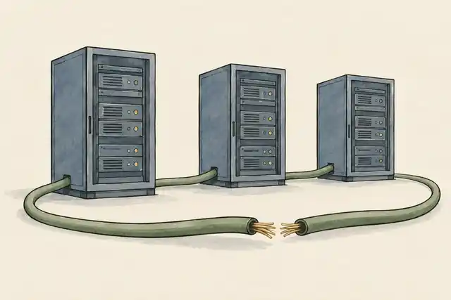 Illustration of three server cabinets connected to a shared cable with a gap in it.