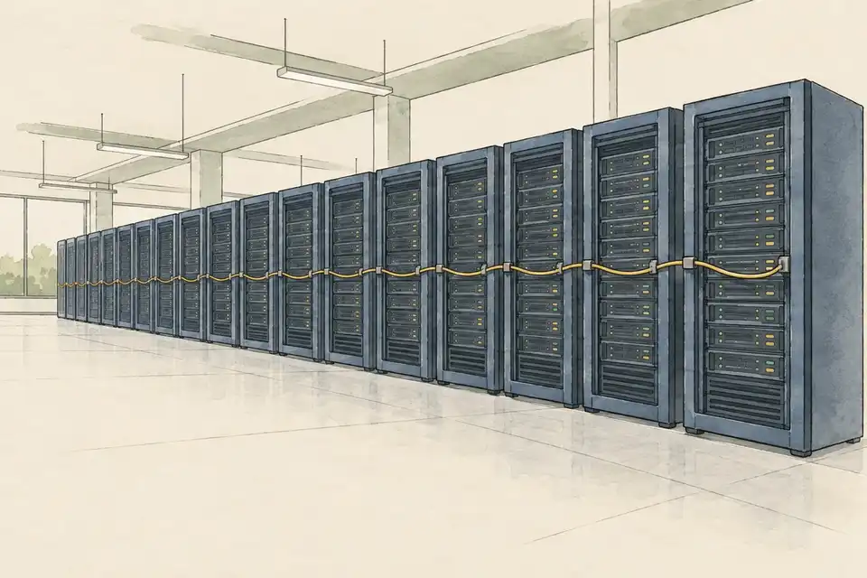 Illustration of a row of identical server racks joined by one cable that runs along the whole row.