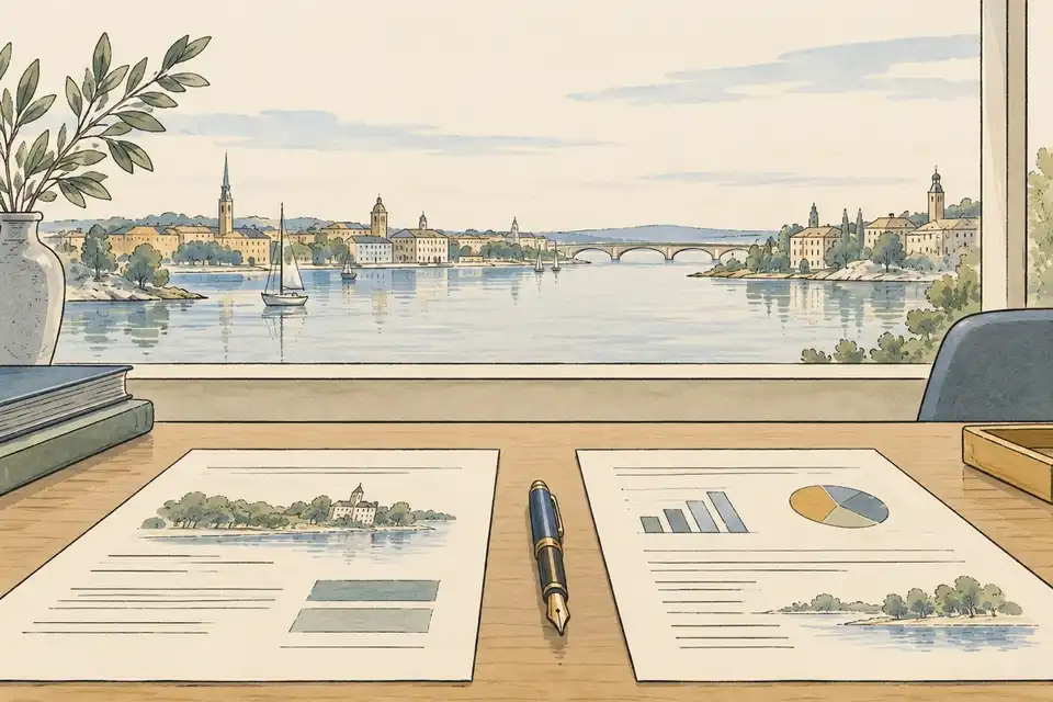 Illustration of two documents and a pen on a desk in front of a window showing a harbour city.