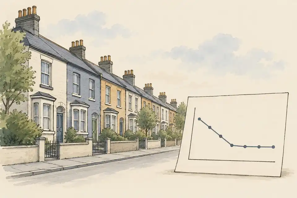 Illustration of a row of terraced houses beside a line chart that falls and then levels off.