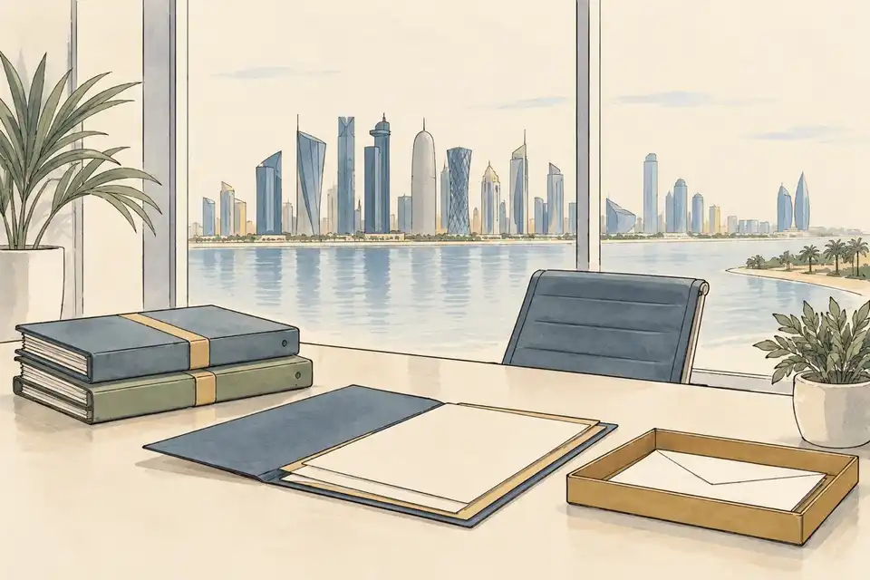 Illustration of sealed document folders on a desk, one lying open beside an envelope, with a Gulf skyline outside the window.
