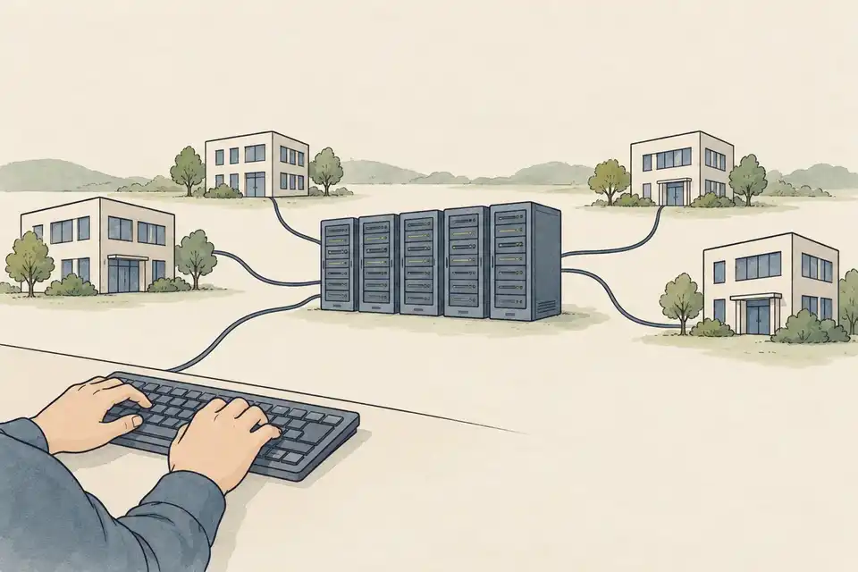 Illustration of server cabinets linked by cables to small office buildings, with hands at a keyboard.